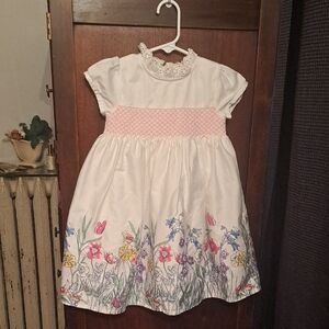 Jojo Maman Bebe Girls Size 2-3yrs White Smocked With Floral Bird Border Dress
